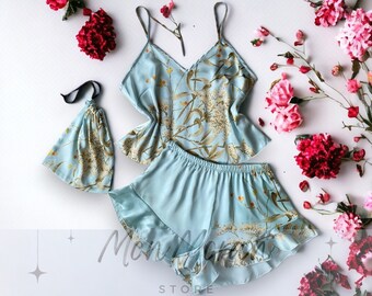 Elegant Floral Print Pajama Set | Sexy Loungewear Pyjamas | Nighttime Clothing Set | Summer Camisole Shorts | Smooth Soft Lace Trim Comfort