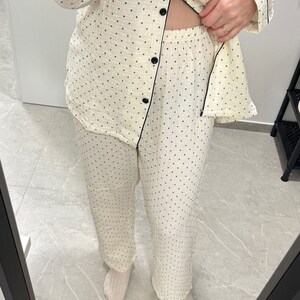 Punkte Motiv Baumwollschlafanzug Damen Pyjama Set Nachtbekleidung Braun/Weiß Loungewear Set Leinen Cottagecore Pyjamas Schlafanzug für Paar Bild 7