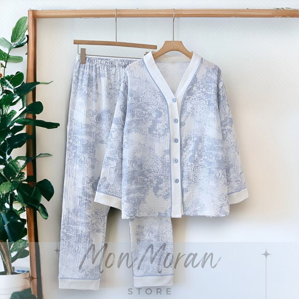 Cute Comfy Women's Pajama Set | Flower Motive Cotton Pyjamas | Nighttime Clothing | Floral Loungewear Set Linen Cottagecore Pajamas