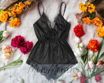 Women's Satin Bodysuit | Sexy Summer Loungewear Pajamas | Nighttime Clothing Set | Women's Lingerie Sleep Wear Set | Lace Splice Trim V-Neck