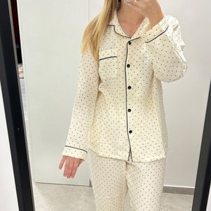 Punkte Motiv Baumwollschlafanzug Damen Pyjama Set Nachtbekleidung Braun/Weiß Loungewear Set Leinen Cottagecore Pyjamas Schlafanzug für Paar Bild 5