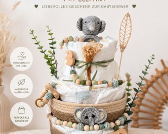 Windeltorte Elefant Grün | Baby Geschenk zur Geburt | Windelgeschenk Junge | Boho Baby Shower Geschenk | Neutral & Handmade | Geburt