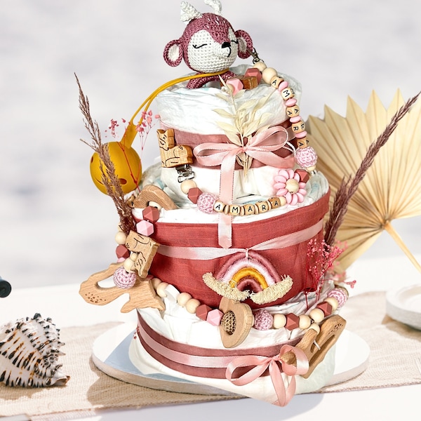 Windeltorte Mädchen, Windeltorte, Rosa Windeltorte, Baby Geschenk, Windeltorte, Geschenk zur Geburt, 46 Windeln, Baby Geschenk