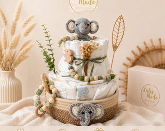 Baby Windeltorte Elefant Neutral | Geschenk zur Geburt | Personalisierbares Baby Geschenk Junge | Boho Stil | Geschenk Baby