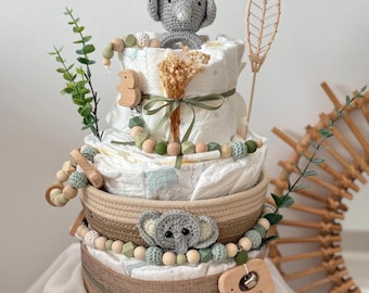 Tarta de pañales verde neutro – tarta de pañales con elefante y perlas naturales, regalo para nacimiento, regalo para bebé neutro, niño y niña