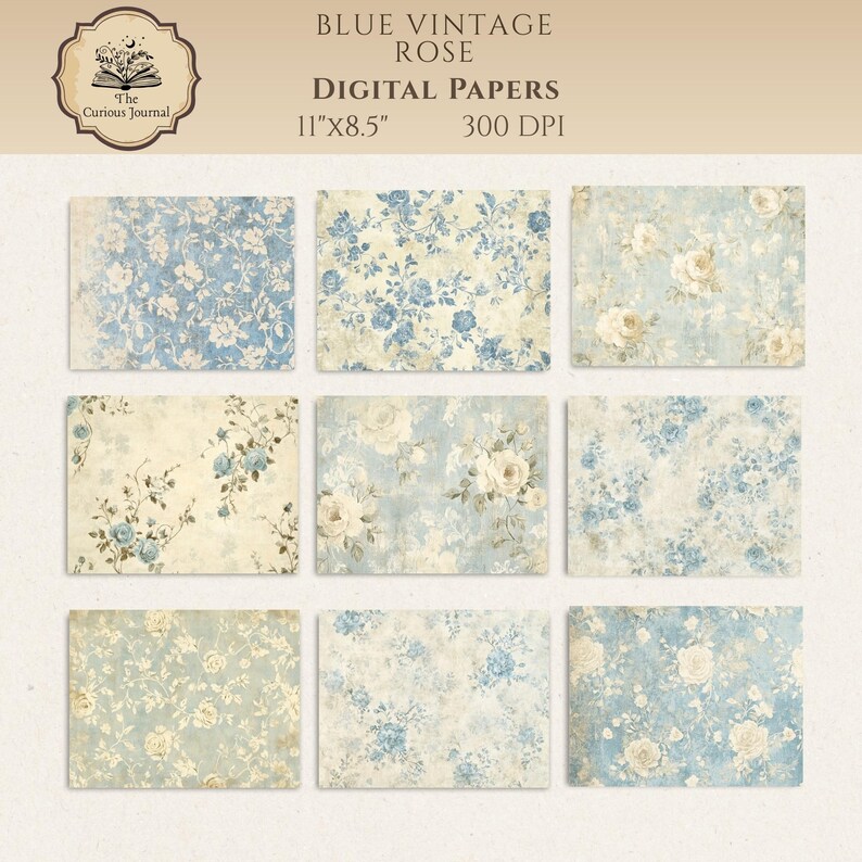 Blue Vintage Rose Paper Pack, Shabby Chic Printable Floral Journal ...