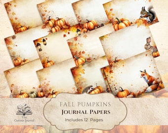 May include: A collection of 12 journal papers with a fall theme. Each paper features watercolor illustrations of pumpkins, autumn leaves, and woodland creatures like squirrels and foxes. The text "Fall Pumpkins Journal Papers" is displayed.