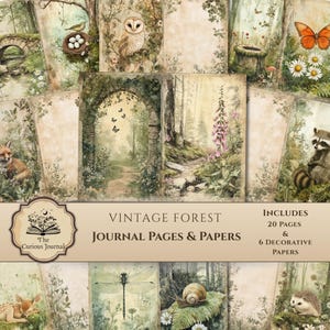 May include: A collection of vintage-style journal pages and decorative papers with forest-themed illustrations. The images include an owl, butterflies, a fox, and a raccoon. The text reads "Vintage Forest Journal Pages & Papers" and "Includes 20 Pages & 6 Decorative Papers."