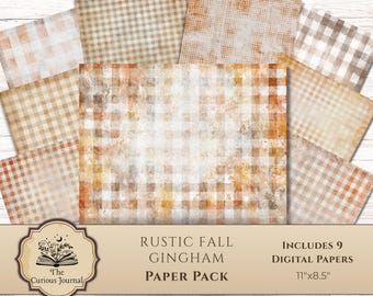 Rustic Fall Gingham Digital Paper Pack – Printable Vintage Autumn Backgrounds, Junk Journal Ehpemera