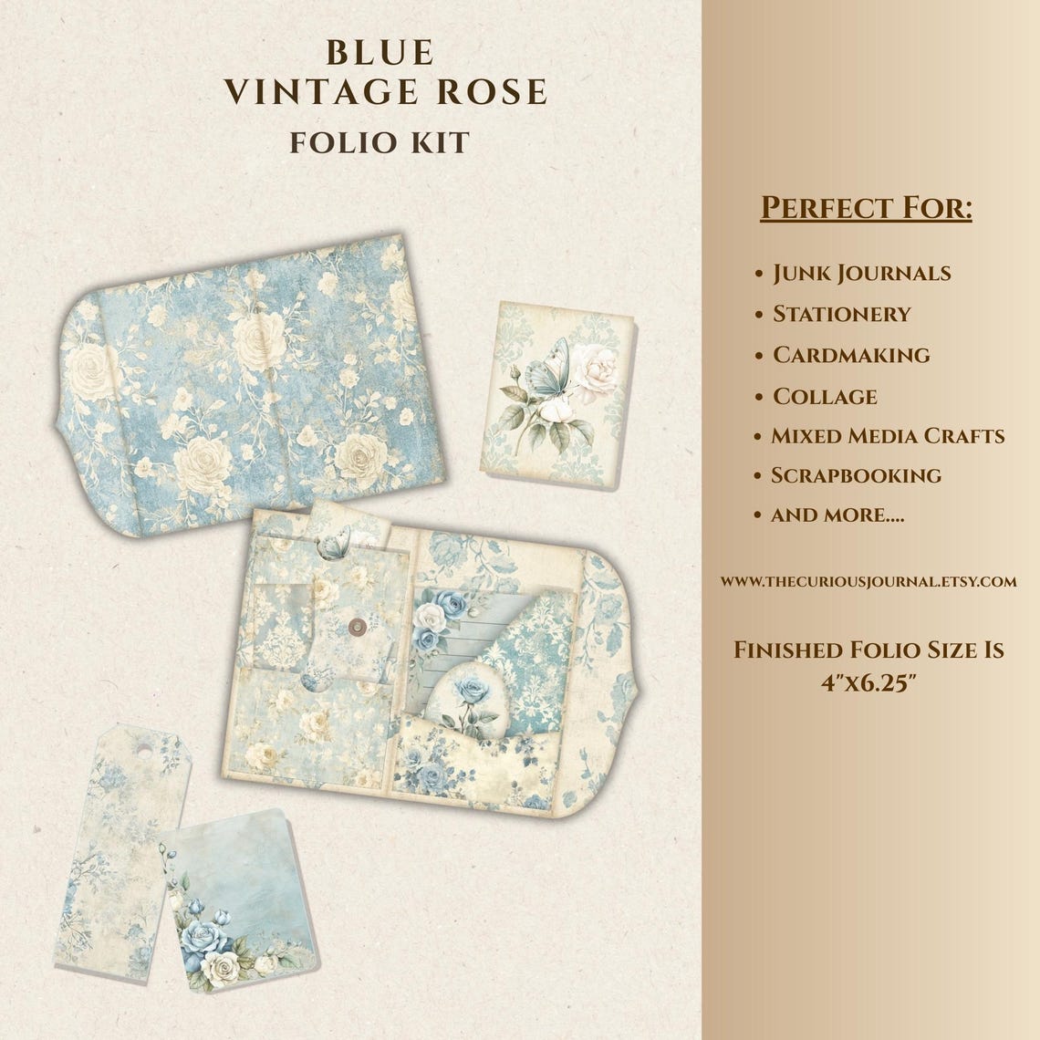 Blue Vintage Rose Junk Journal Folio Kit, Shabby Chic Printable Floral ...