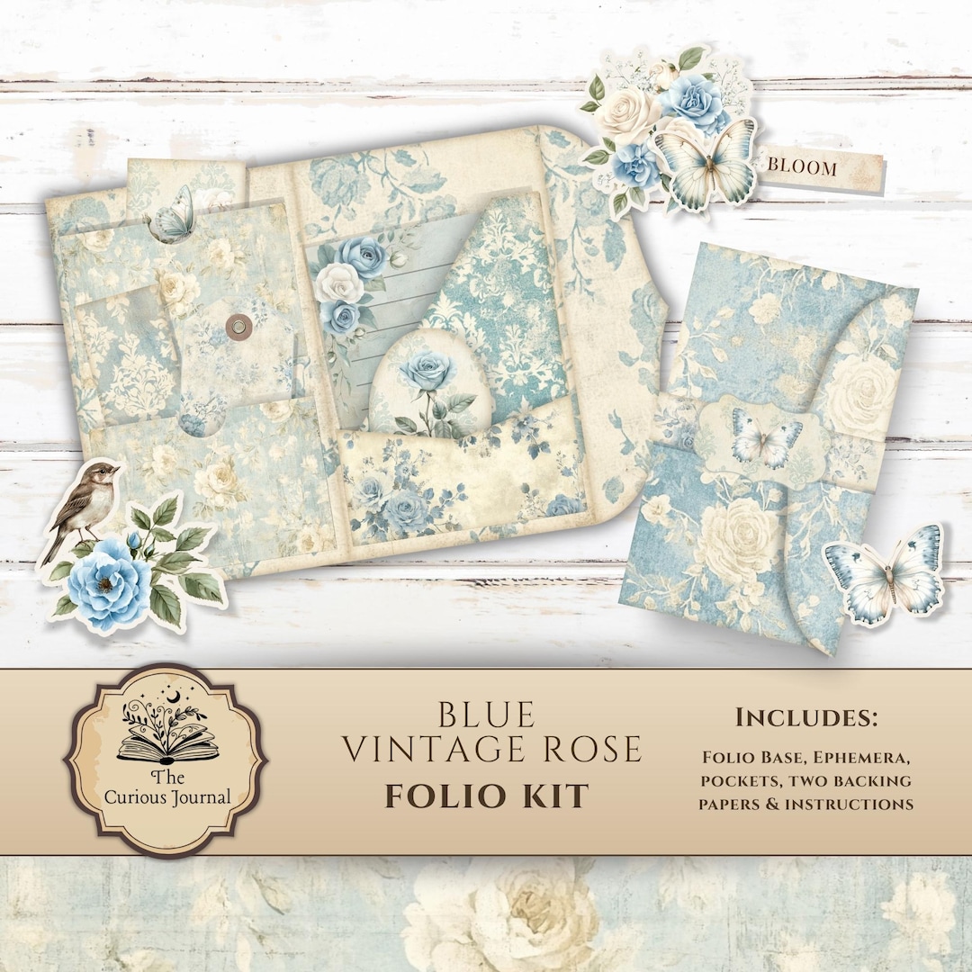 Blue Vintage Rose Junk Journal Folio Kit, Shabby Chic Printable Floral ...