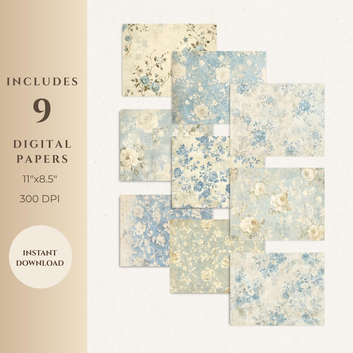 Blue Vintage Rose Paper Pack, Shabby Chic Printable Floral Journal ...