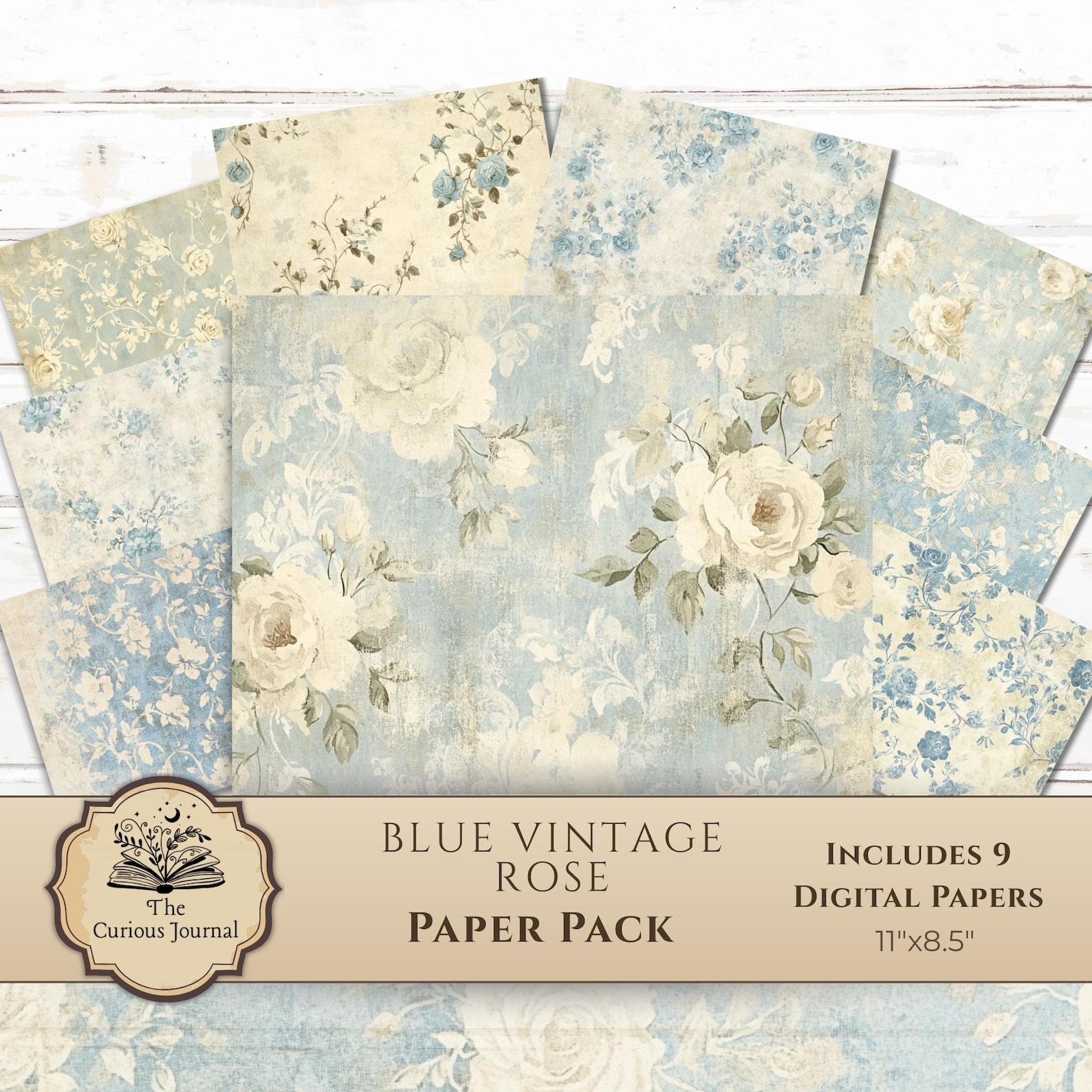 Blue Vintage Rose Paper Pack, Shabby Chic Printable Floral Journal ...