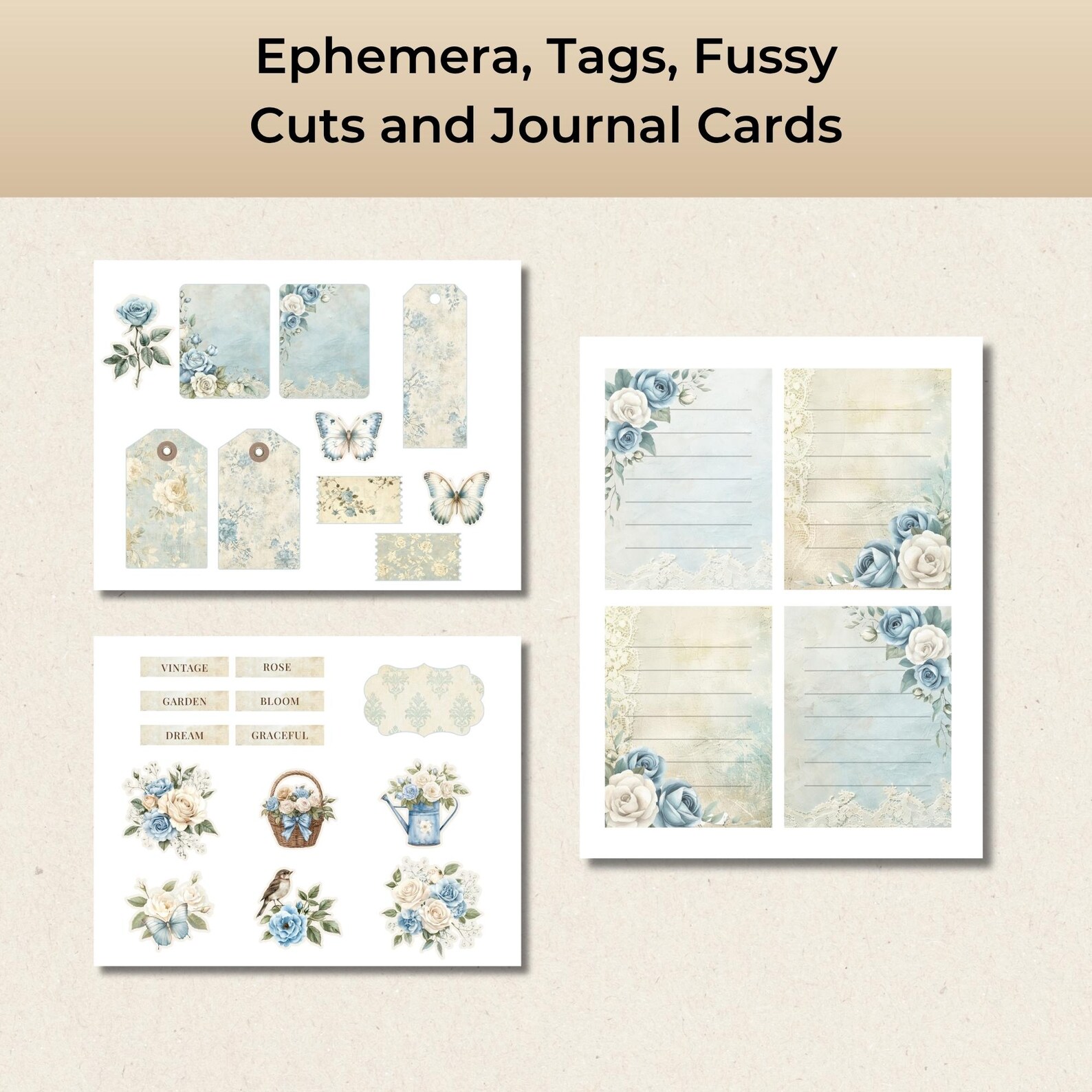 Blue Vintage Rose Junk Journal Folio Kit, Shabby Chic Printable Floral ...