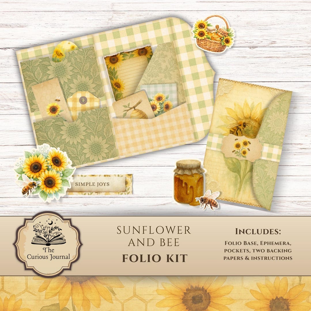 Sunflower and Bee Junk Journal Folio, Floral Printable Ephemera ...