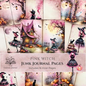 Witch Junk Journal Pages,  Pink Halloween Printable Fall Ephemera