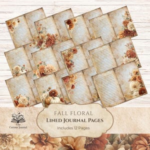 May include: A collection of 12 lined journal pages with a vintage aesthetic. Each page features a floral design with autumn colors and a decorative border. The pages are adorned with pumpkins and flowers, perfect for fall journaling.