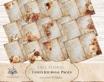Fall Floral Lined Journal Pages. Autumn Junk Journal Ephemera, Digital Download