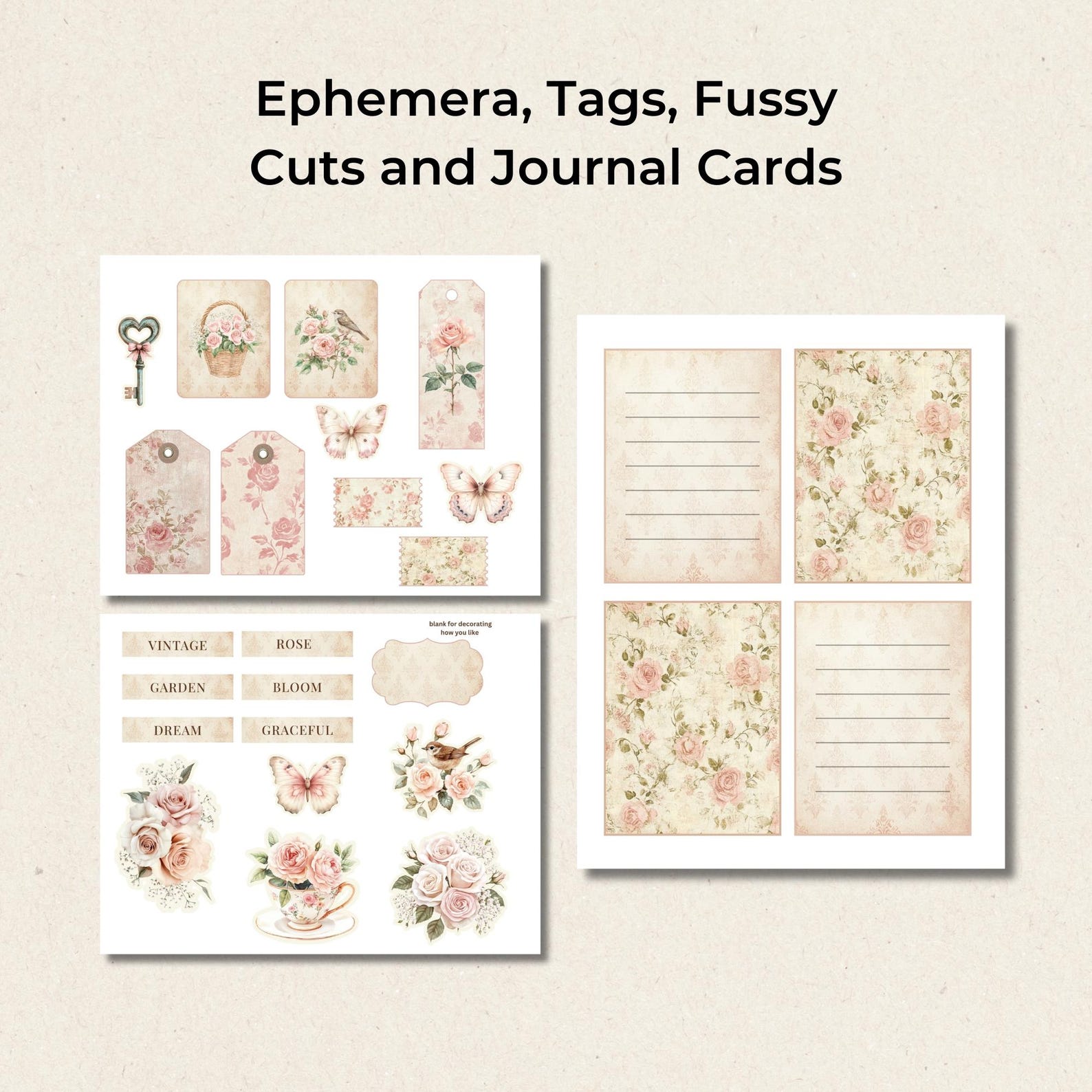 Vintage Rose Junk Journal Folio Kit, Shabby Chic Printable Floral ...