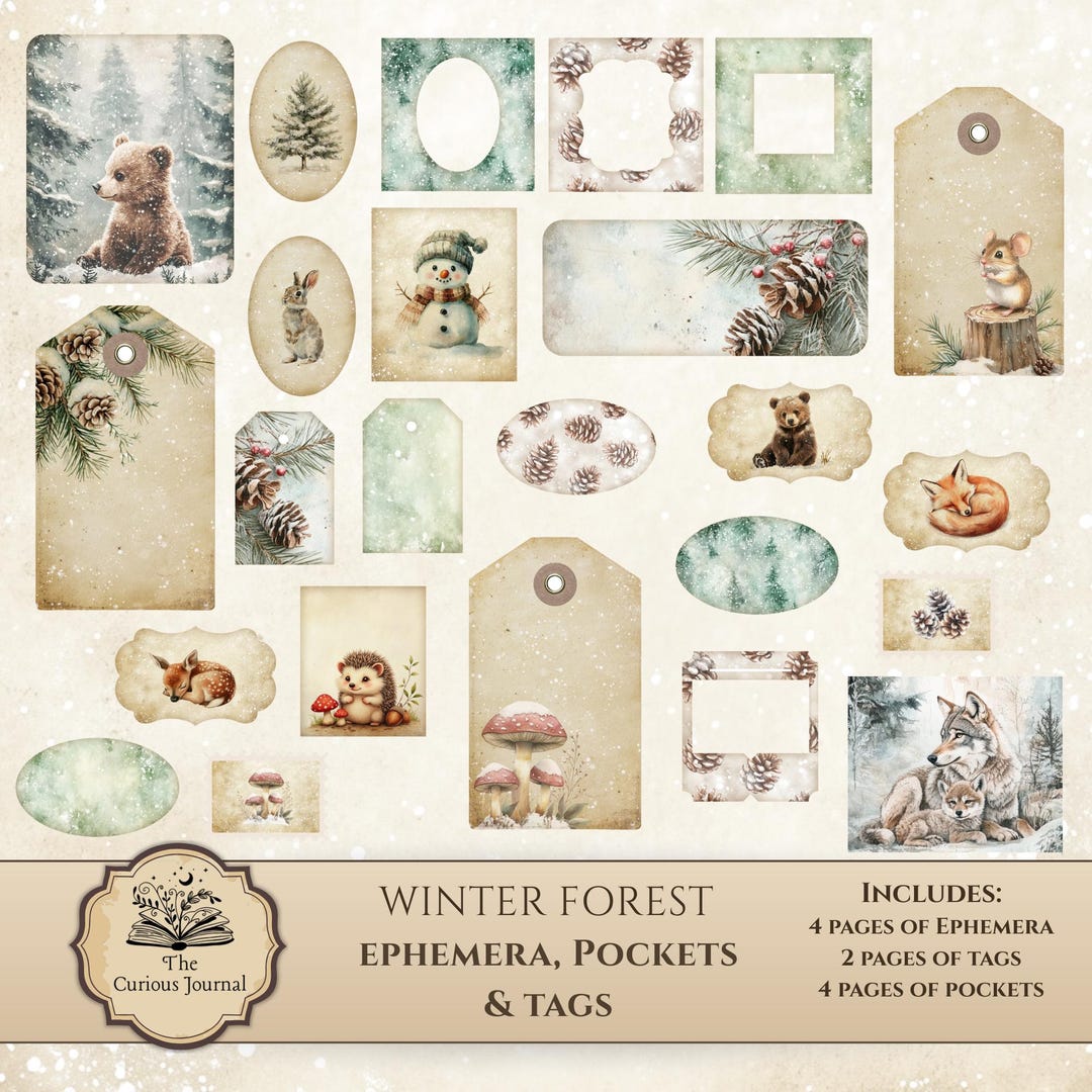 Winter Forest Ephemera & Tags – Vintage Printable Junk Journal Kit ...