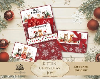 Kit de diario de chatarra de gatos, plantilla imprimible para porta tarjetas de regalo navideñas, descarga instantánea
