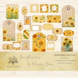 Sunflower Bee Ephemera: Cottagecore Printable Tags, Digital Download