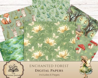 Enchanted Forest Digital Paper Pack, Woodland Printable Backgrounds, Fantasy Fairy Ephemera