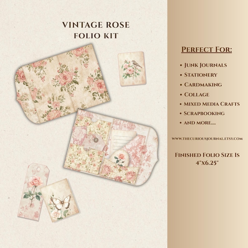 Vintage Rose Junk Journal Folio Kit, Shabby Chic Printable Floral ...
