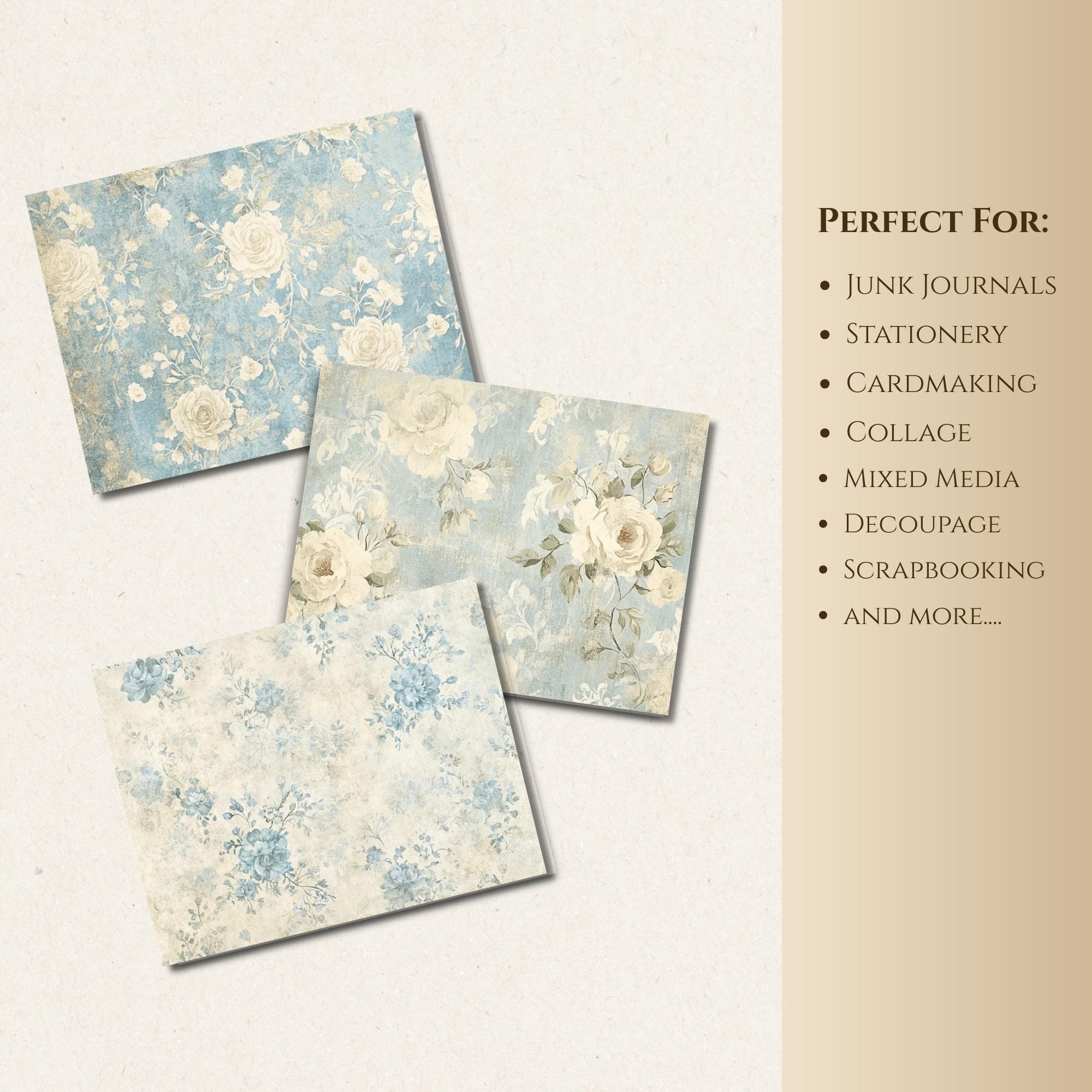 Blue Vintage Rose Paper Pack, Shabby Chic Printable Floral Journal ...