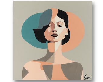 ORYGINAŁ| Ręcznie malowany, nowoczesny, geometryczny obraz kobiety na płótnie | Minimalistyczny, abstrakcyjny portret | "Marry" | 50x50cm|