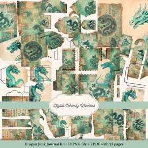 Dragon Junk Journal Pages – 13 PNG + 25 Sheet PDF Digital Collage Kit
