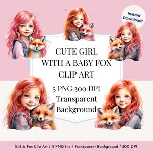 Clipart di amici della foresta selvaggia - Set di PNG con ragazza carina e piccola volpe / 5 immagini ad alta risoluzione / Download immediato a 300 dpi per uso commerciale Clipart