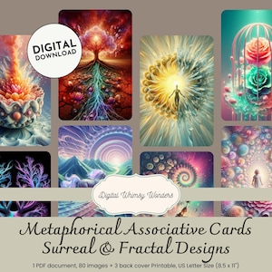 Könnte beinhalten: Ein digitaler Download mit Metaphorischen Assoziationskarten mit surrealen und fraktalen Designs. Das Bild zeigt verschiedene farbenfrohe, künstlerische Illustrationen. Der Text enthält "DIGITALER DOWNLOAD" und "Digital Whimsy Wonders". Das Produkt umfasst 80 Bilder und 3 Rückseiten, US Letter-Größe (21,6 x 27,9 cm).