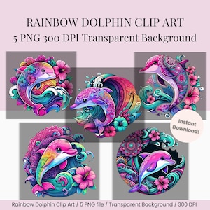 Regenbogen Delfin Clipart, 5 PNG, transparentem Hintergrund, Süßes Delfin Aquarell PNG, 300 dpi hohe Auflösung, Sofort-Download Kommerzielle Nutzung
