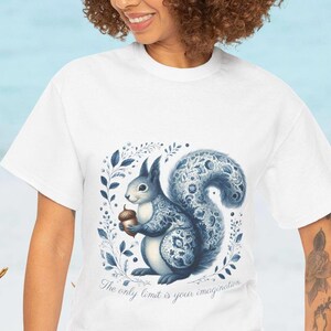 Squirrel Delft Blue Tile T-Shirt – Cute Floral Graphic Tee, Dutch Style Animal Print