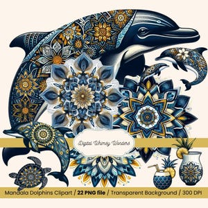 Mandala Summer Vibes, dauphins, tortues, mandalas et cocktails, 22 PNG, vie sous-marine, ensemble de cliparts maritimes, 300 dpi, téléchargement immédiat