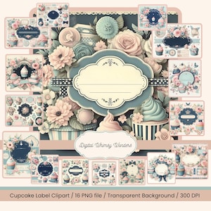 Étiquettes pour cupcakes, étiquette shabby chic, petits gâteaux floraux, éphermère vintage pastel, 16 PNG, autocollants pour les amateurs de cuisine, 300 dpi, téléchargement immédiat