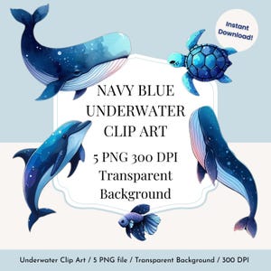 Navy Blue Underwater Clipart, 5 PNG, transparent background, Cute Ocean Animals PNG, 300dpi High Resolution, Instant Download Commercial Use