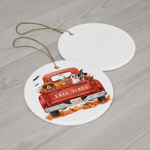 Fall Vibes Ceramic Ornament: Red Truck Autumn Decor