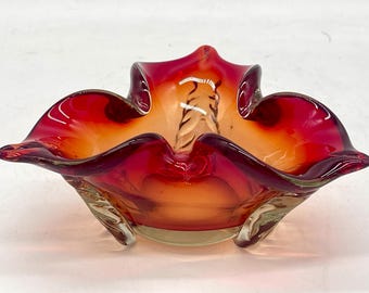 Vintage Mid Century Modern Art Glass Candy Bowl Dish Cigar Ashtray Burgundy/ Clear Handmade
