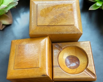 Vintage Mid-Century USSR Wooden Box Set & Ashtray | Rare 1960s-70s Karelian Birch Handcrafted Collectors' Set