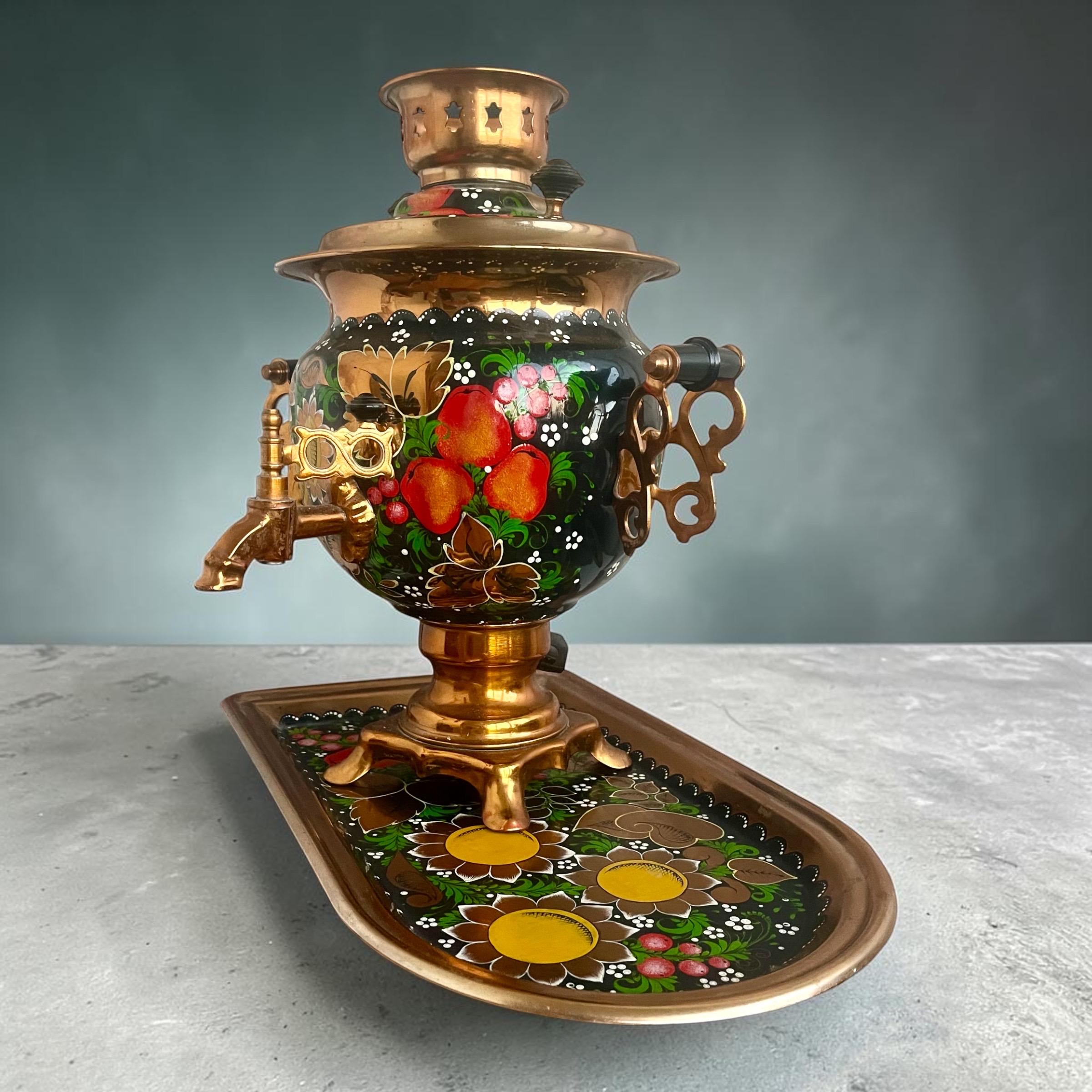 Vintage Russian Electric Samovar With Tray Hand Painted Teapot