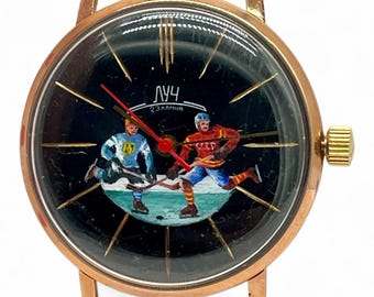 Soviet VTG Men’s Watch - Luch - Hockey- Hockey Players- Handpainted - Mechanical Wristwatch Gold Plated USSR 1980s