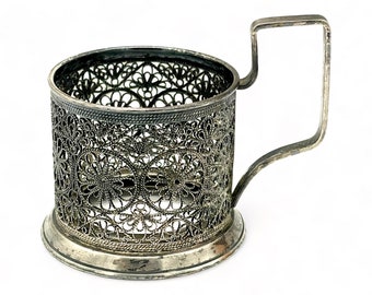 Filigree Scan PODSTAKANNIK Ornate Soviet Tea Glass Holder Handmade Melchior USSR 1950’s