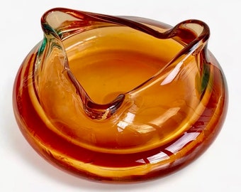 Vintage Czech Mid Century Modern Art Glass Amber Toned Bowl Dish Cigar Ashtray 1970’s