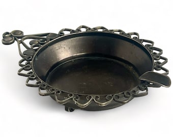 Vintage Metal Ashtray with Round Filigree Ornate Footed Handle
