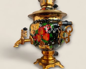 Vintage Russian Electric Samovar with Tray Hand Painted Teapot Flowers 3 liters USSR 1980s