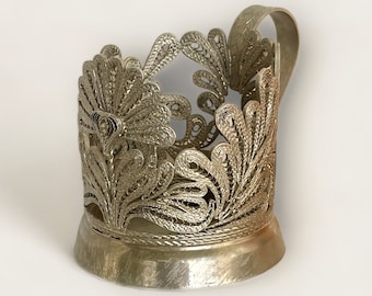 Filigree Scan PODSTAKANNIK Ornate Soviet Russian Tea Glass Holder Handmade Melchior USSR 1980s