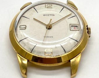 Rare VTG Soviet Men’s Wristwatch WOSTOK 2214 Gold Plated White Dial Analog Watch 18 jewels USSR 1970’s