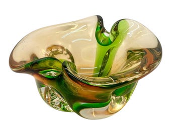 Vintage Mid Century Murano Art Glass Candy Bowl Dish Cigar Ashtray Green/ Amber Handmade